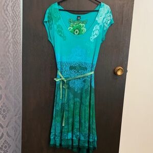 Desigual Teal & Green Scoop-Neck Midi Dress with Waist Tie